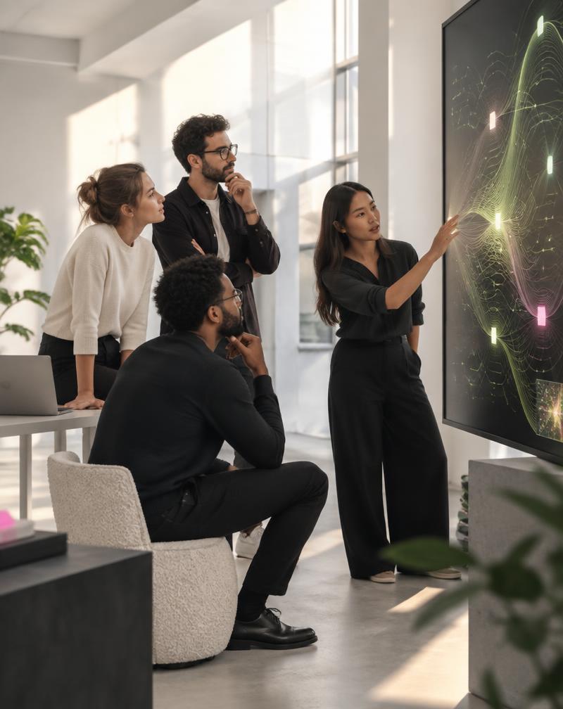 A team collaborating around an AI display